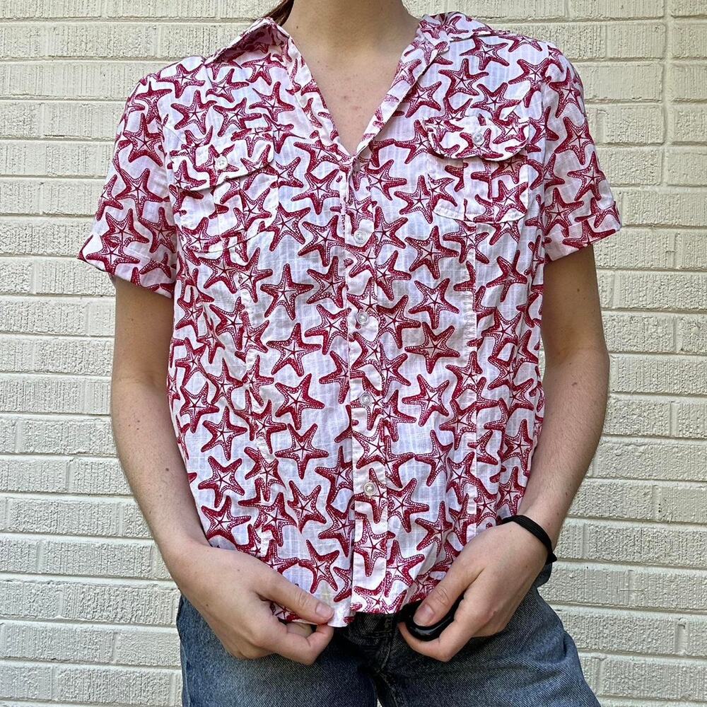 Karen Scott White Red Starfish Printed Button Up Shirt